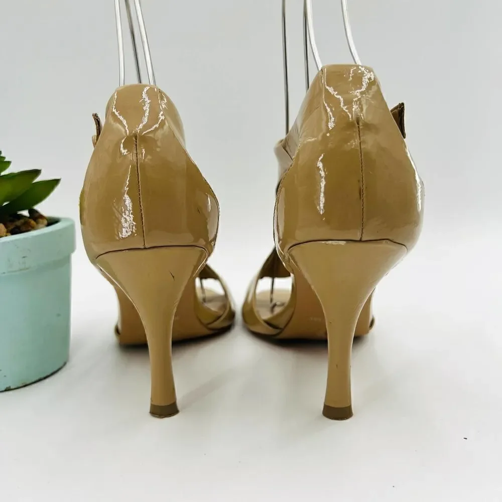 Nine West Nude Patent Leather T Strap Peep Toe Heels Sandals Size 8.5